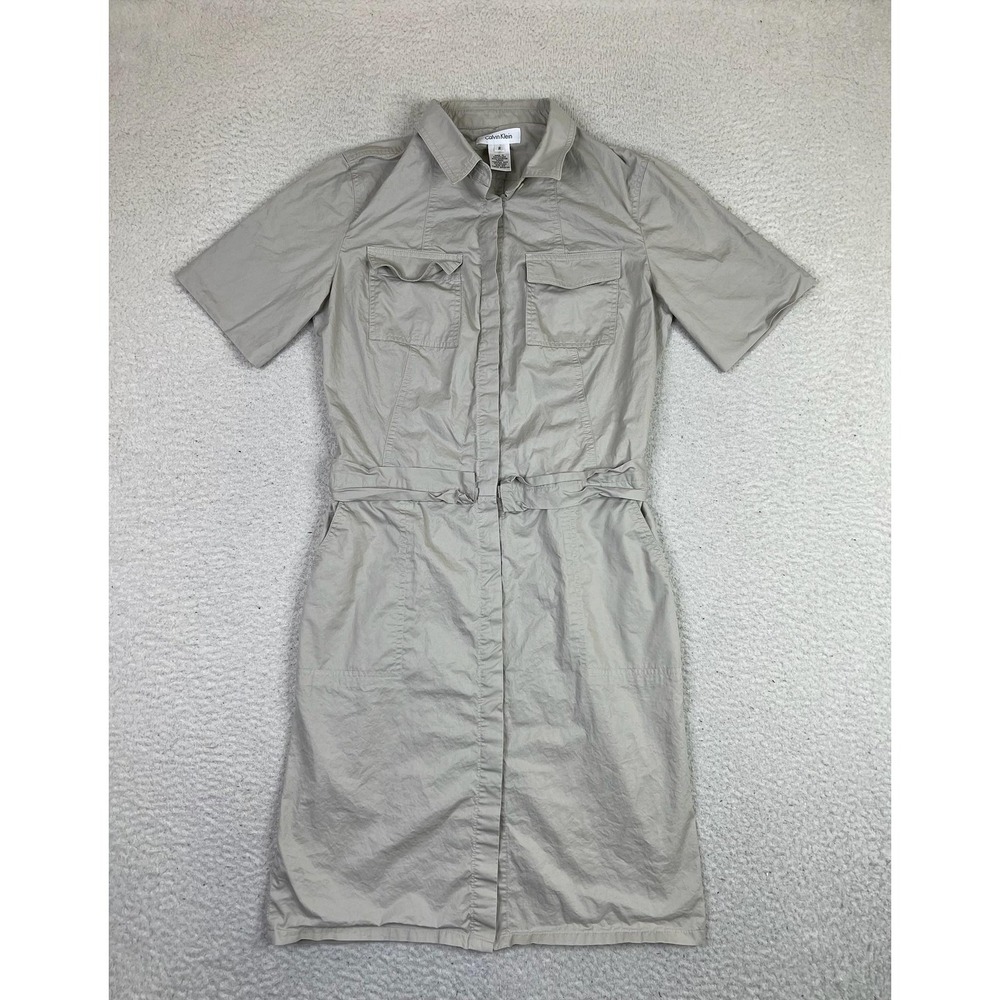 Calvin Klein Womens 2 Gray Short Sleeve Shirt Dress Utility Drawstring Safari